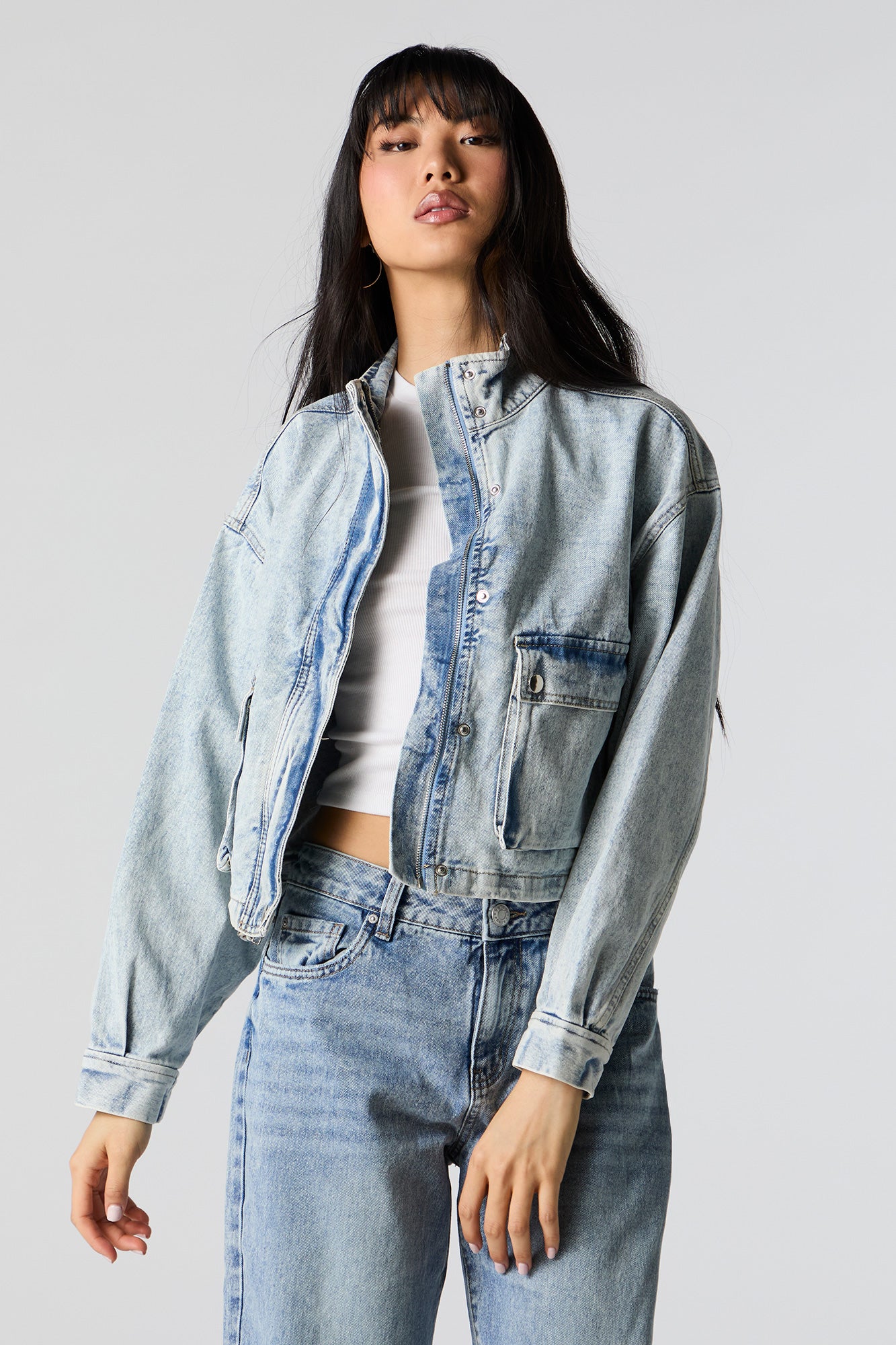 Acid Wash Cargo Denim Jacket