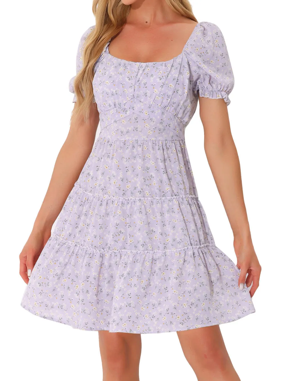 Allegra K - Summer Square Neck Tiered Floral Dress