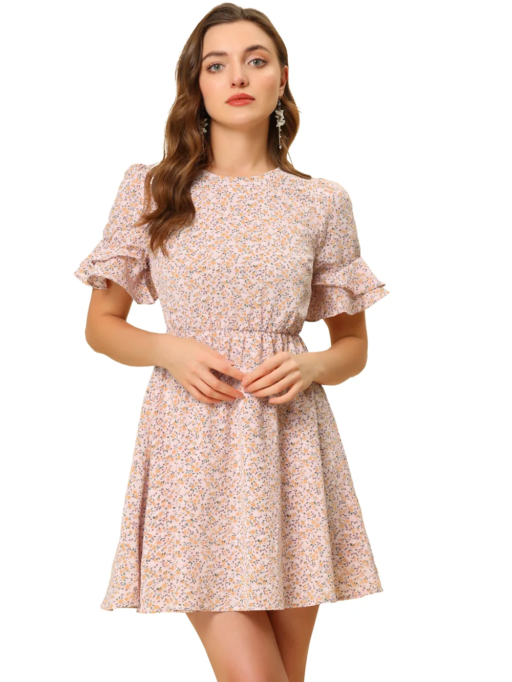 Allegra K- Bell Sleeve High Waist A-Line Flowy Ditsy Floral Dress