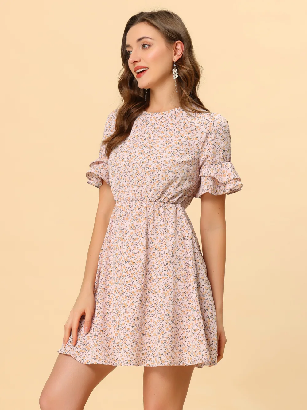 Allegra K- Bell Sleeve High Waist A-Line Flowy Ditsy Floral Dress