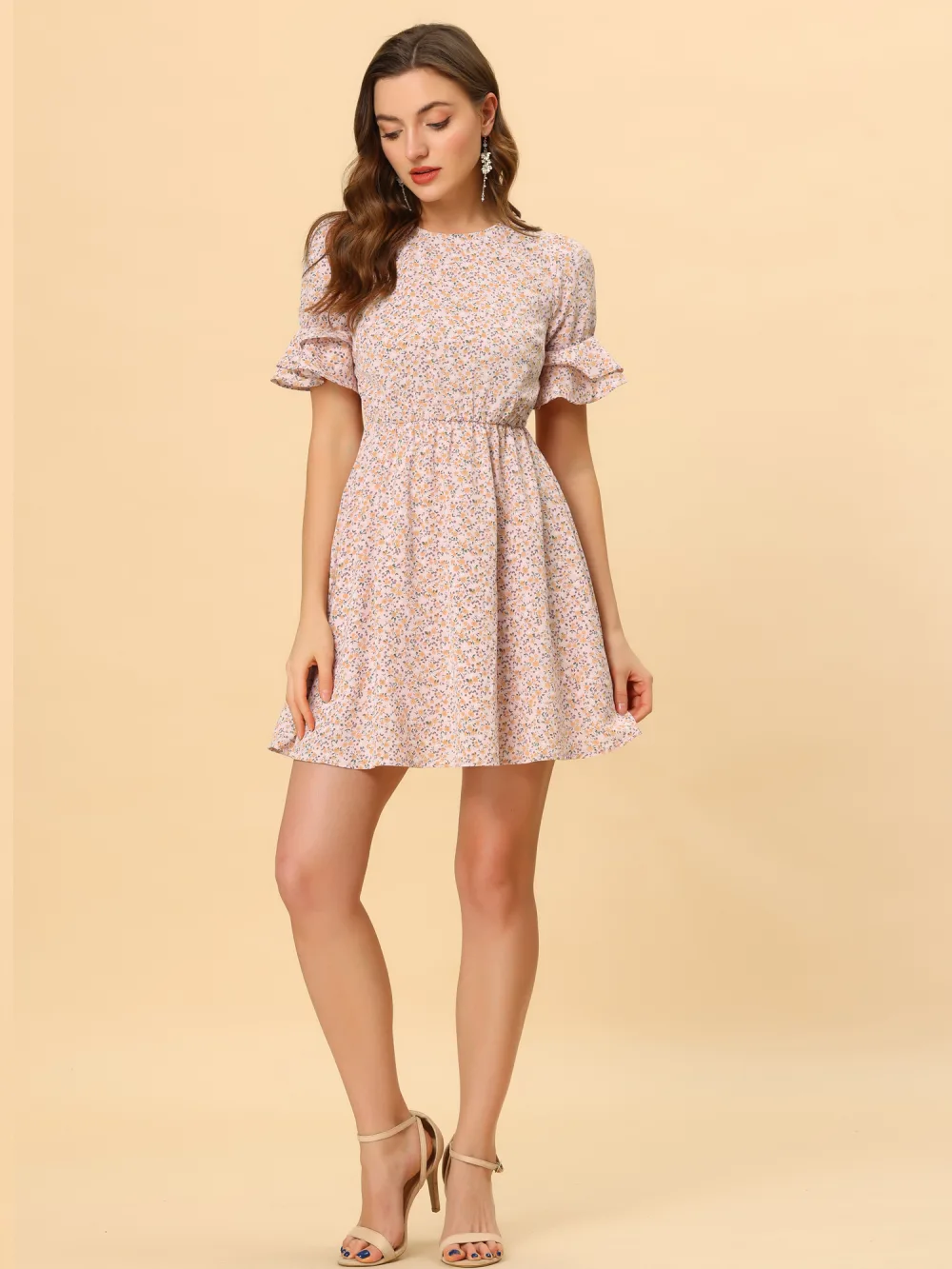 Allegra K- Bell Sleeve High Waist A-Line Flowy Ditsy Floral Dress