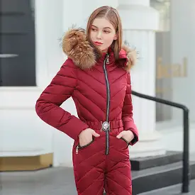 AshoreShop Womens Ski Jumpsuit Snowsuit Zipper Fur Style Collar Hood