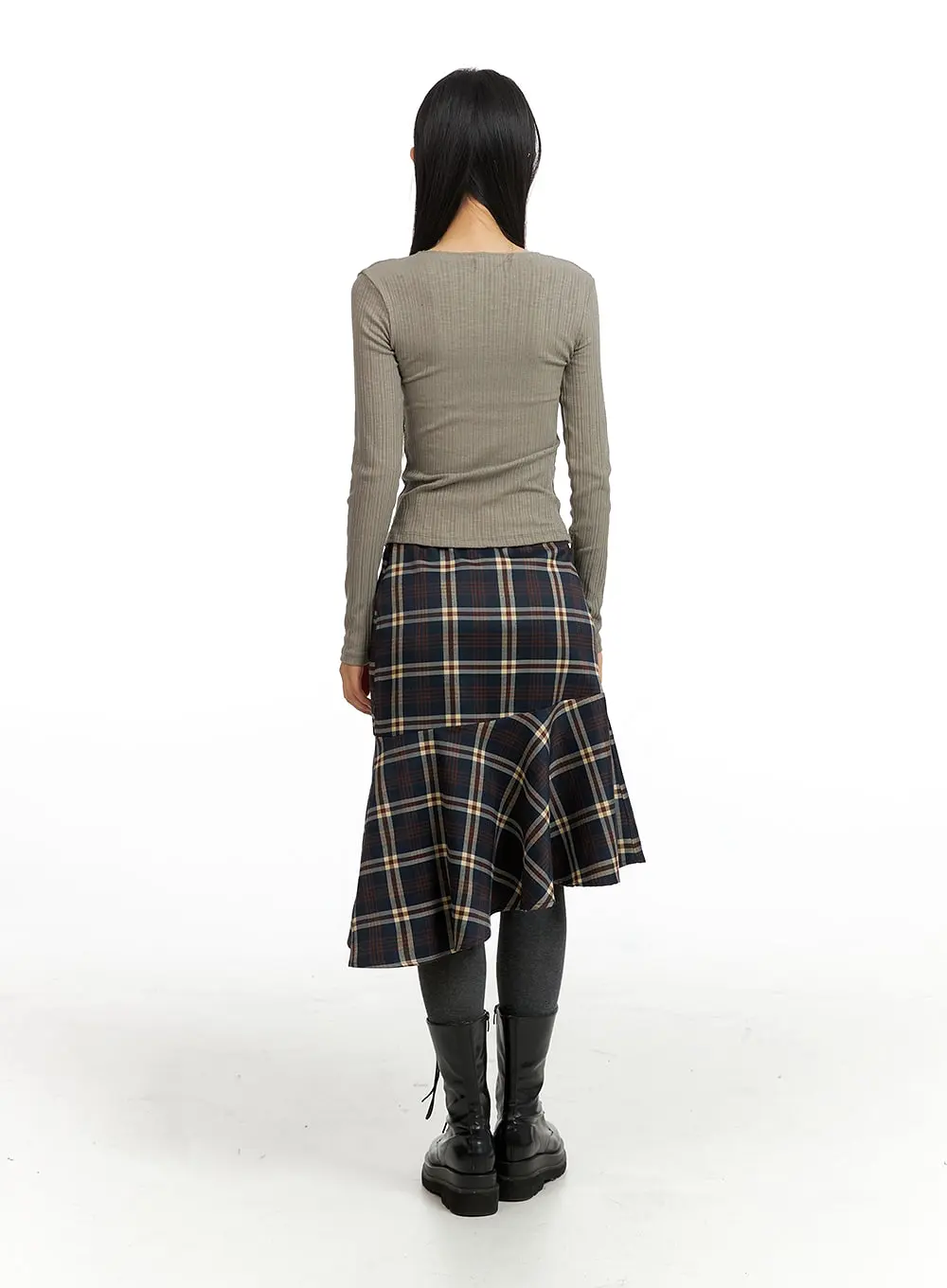 Asymmetrical Flare Check Midi Skirt CF408