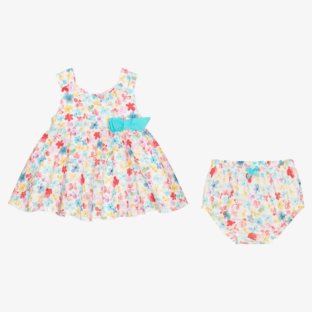 Baby Girls Blue & Pink Cotton Floral Dress