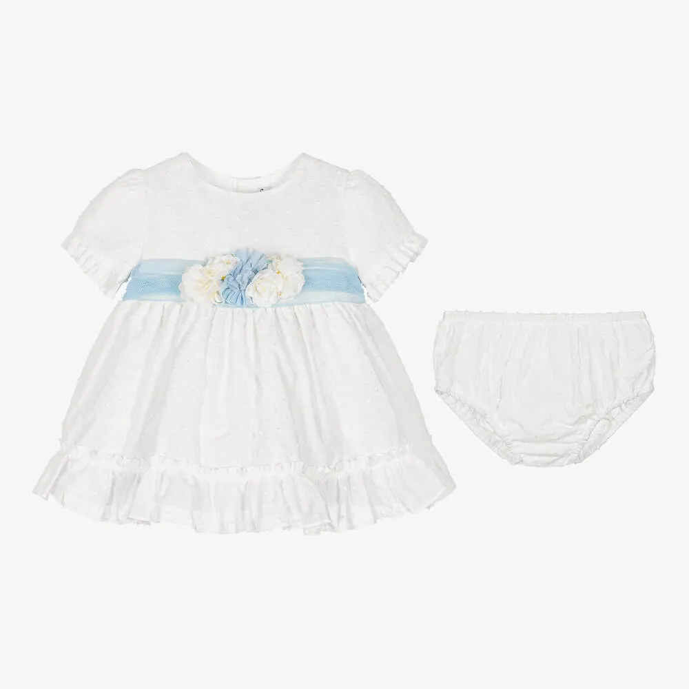 Baby Girls White & Blue Floral Dress Set