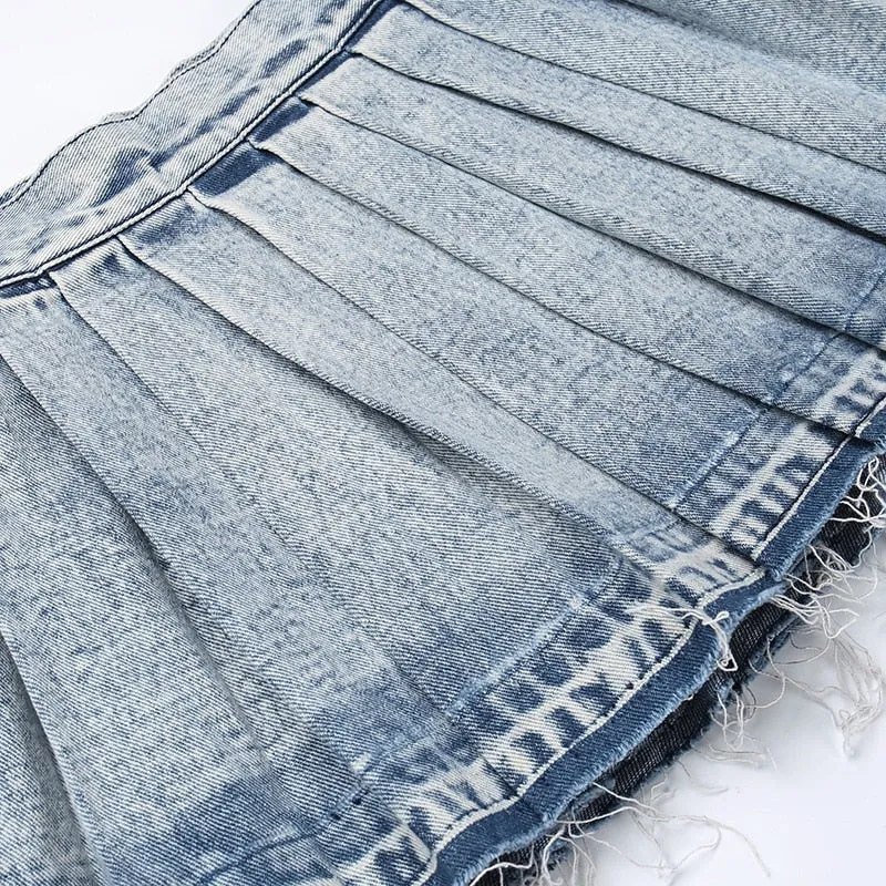 Baddie Pleated Washed Denim Mini Skirt