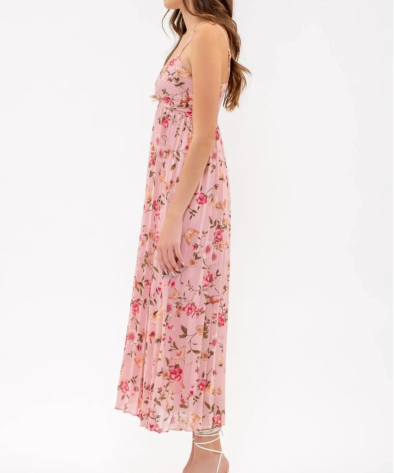 Bird and Floral Print Pleated Midi Dress - Pink Multi