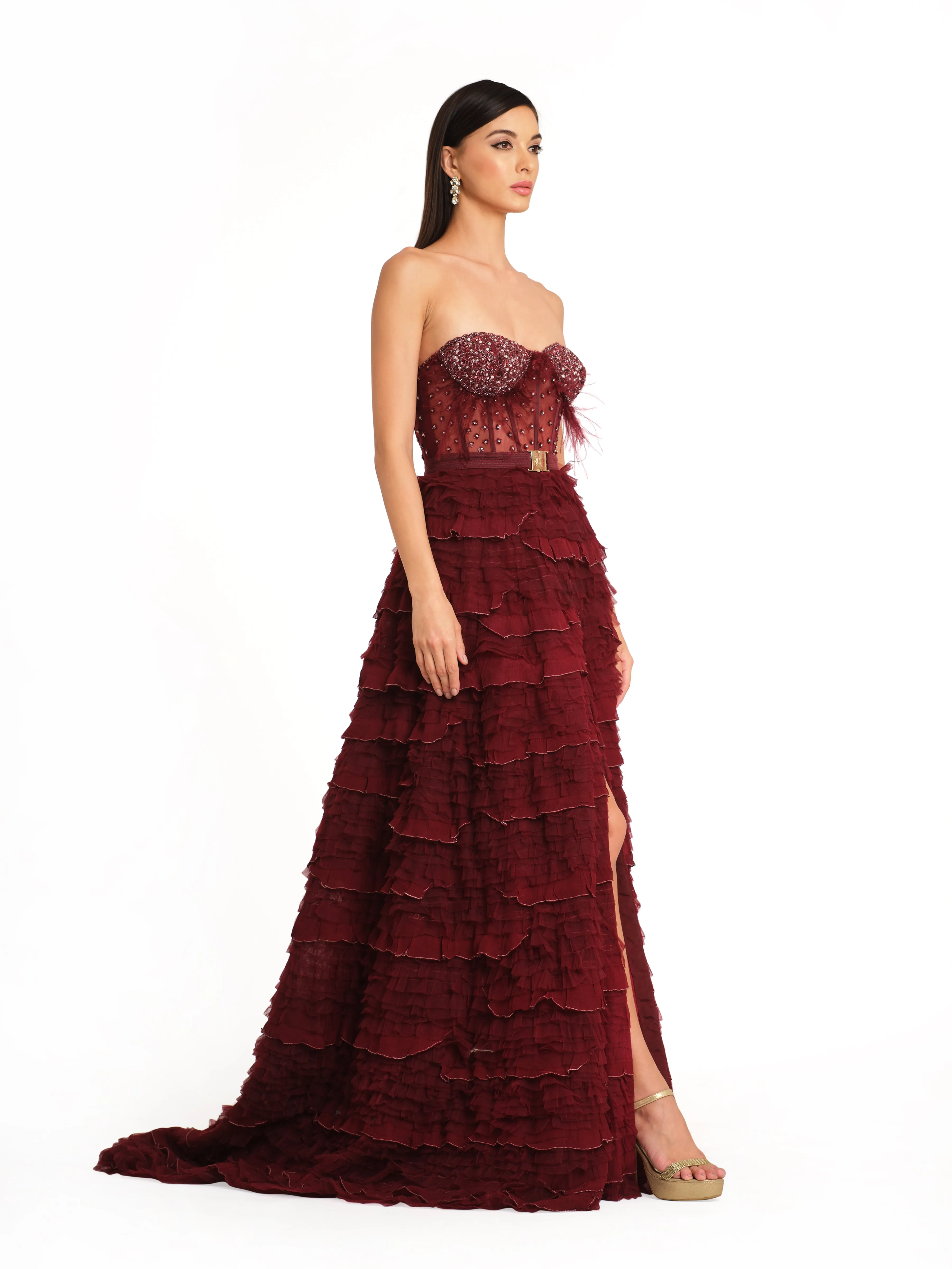 Burgundy Corset Gown with Frill Detailing