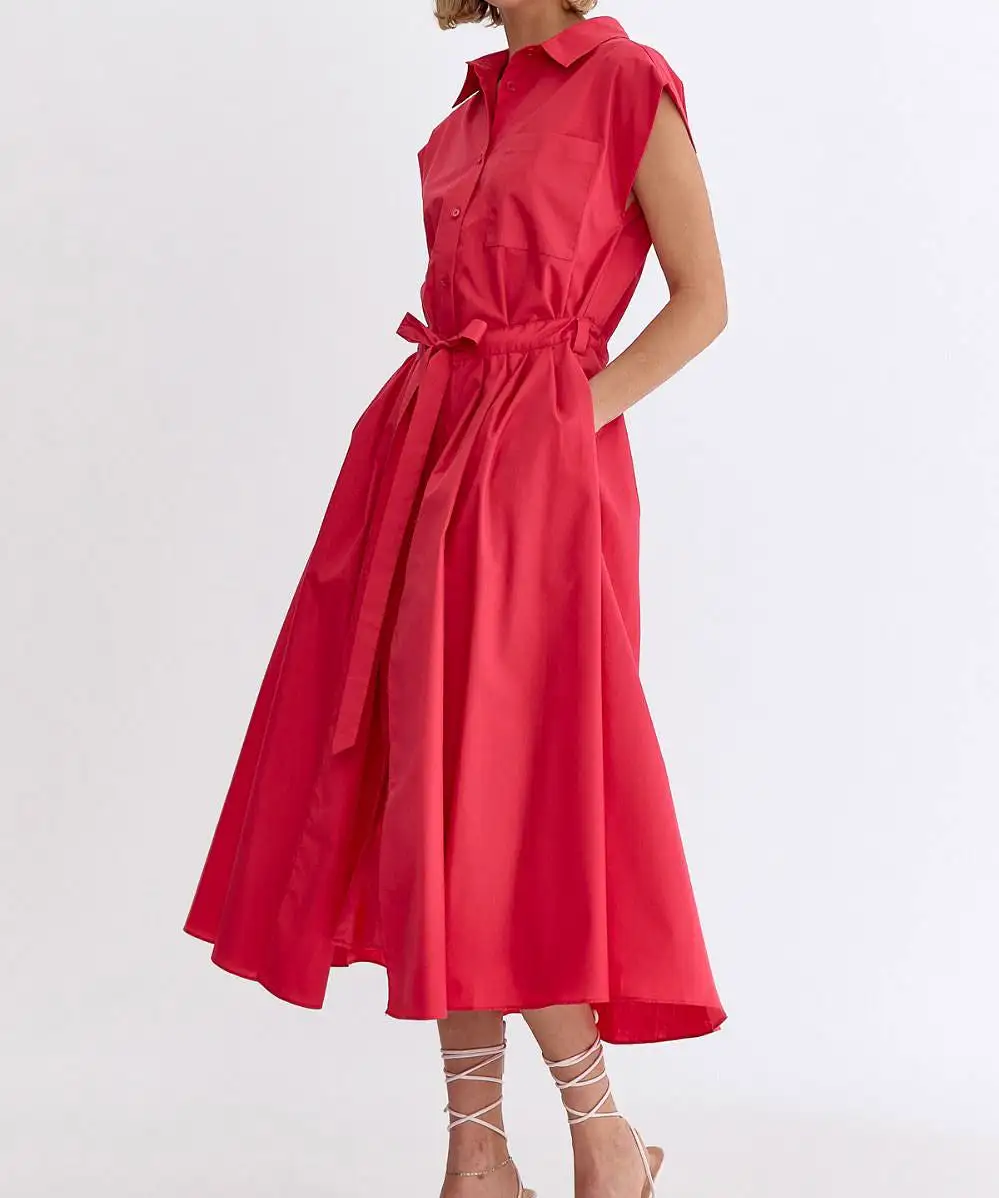 Button Down Cap Sleeve Midi Dress - Red