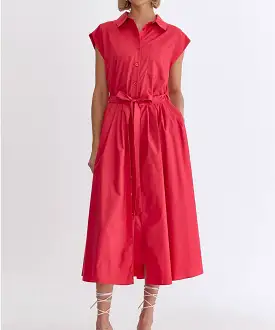 Button Down Cap Sleeve Midi Dress - Red