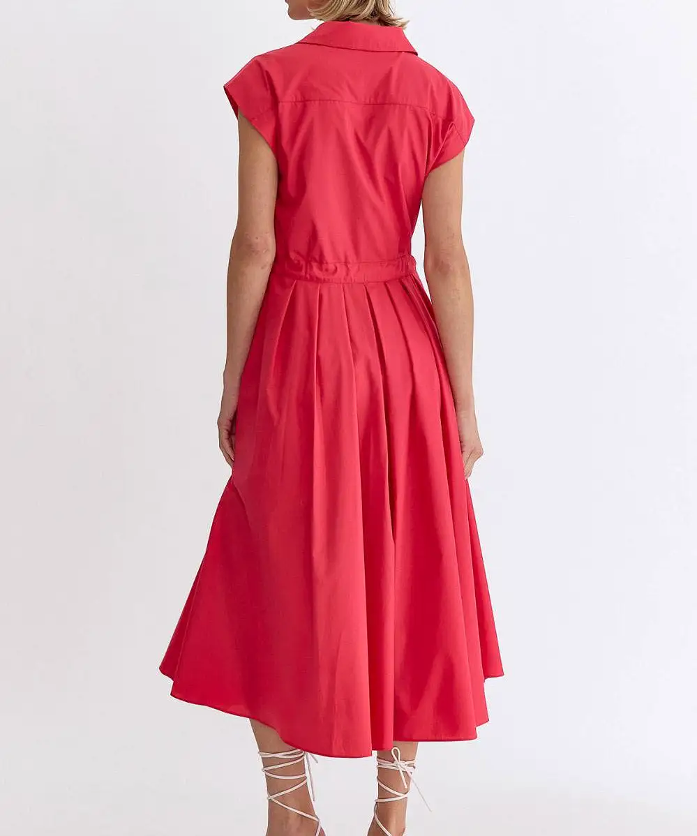 Button Down Cap Sleeve Midi Dress - Red