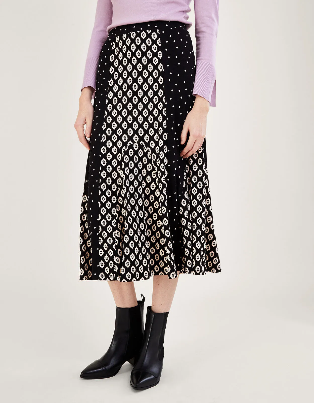 Contrast Geometric Print Midi Skirt Black