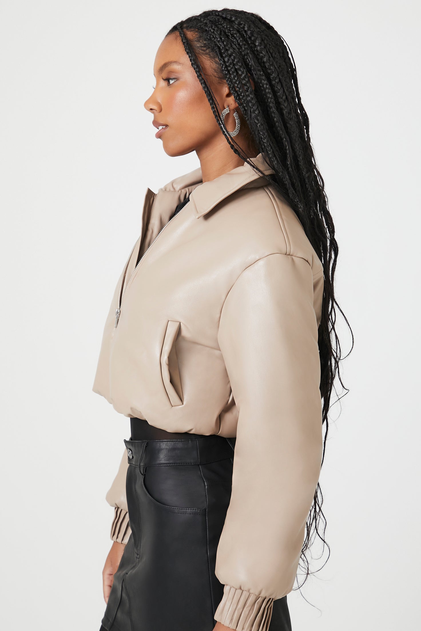 Cropped Faux Leather Bomber Jacket