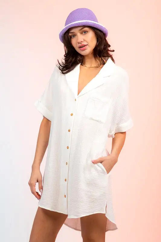 Cutout Back Mini Shirt Dress - White