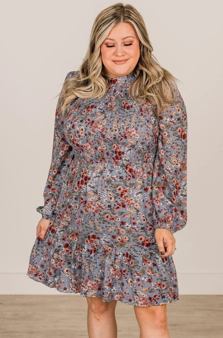 Dance The Night Away Smocked Floral Dress- Denim Blue