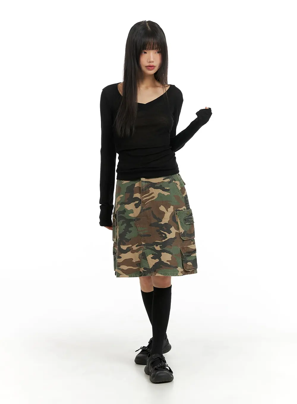 Denim Camo Cargo Midi Skirt CM412