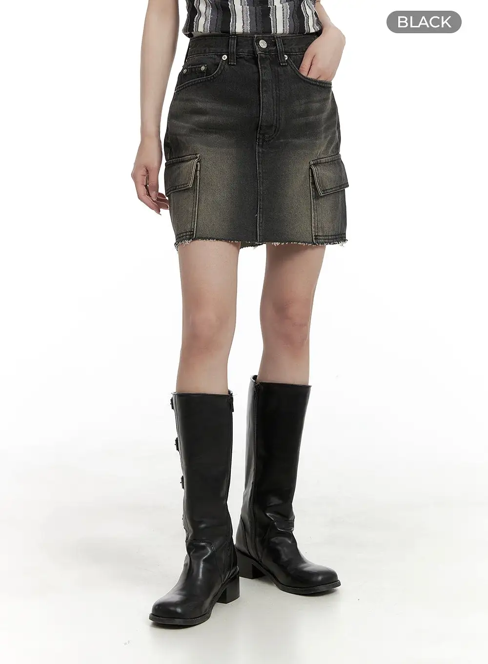 Destroyed Hem Cargo Denim Mini Skirt CA402