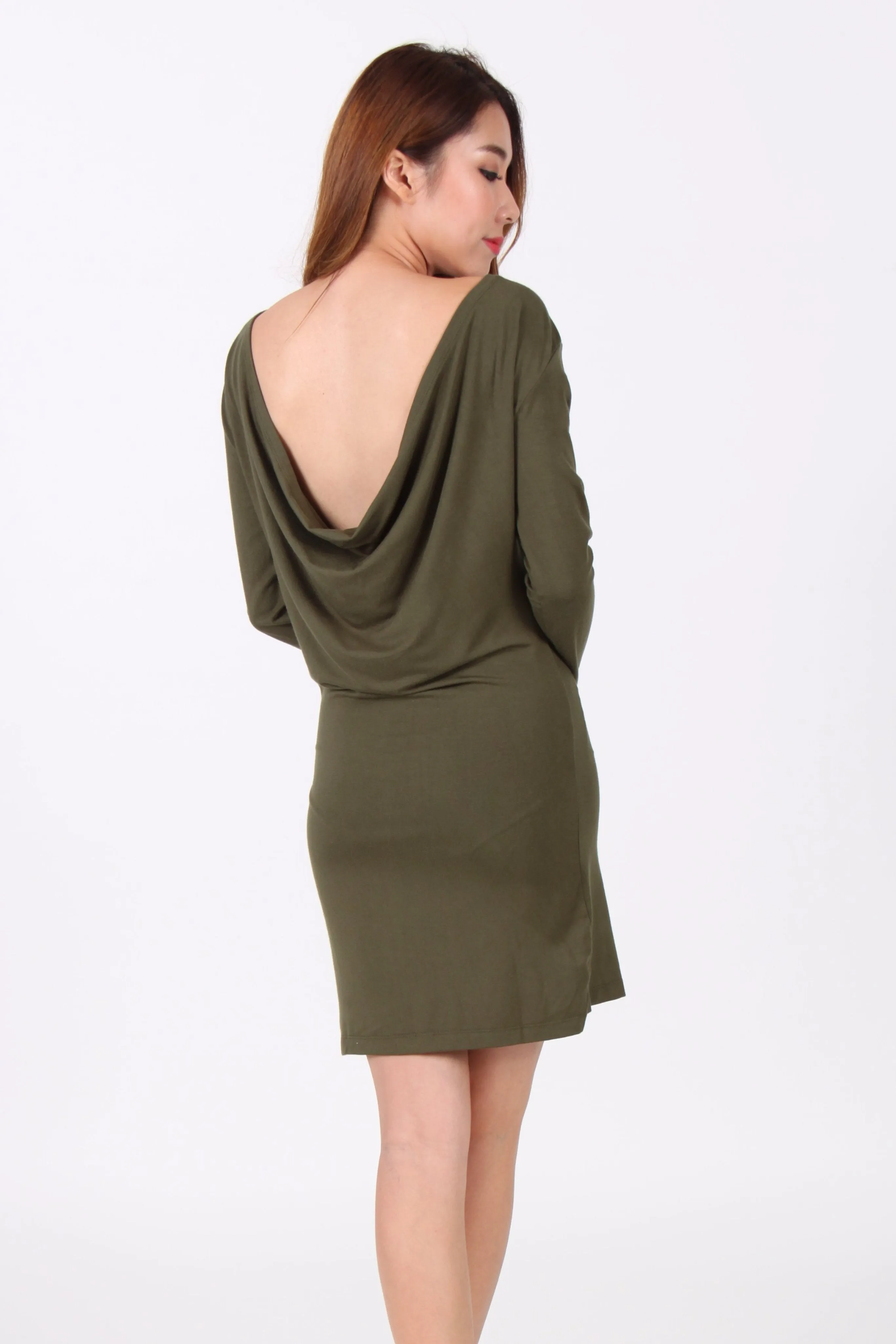 Drape Back Long Sleeve Dress in Olive