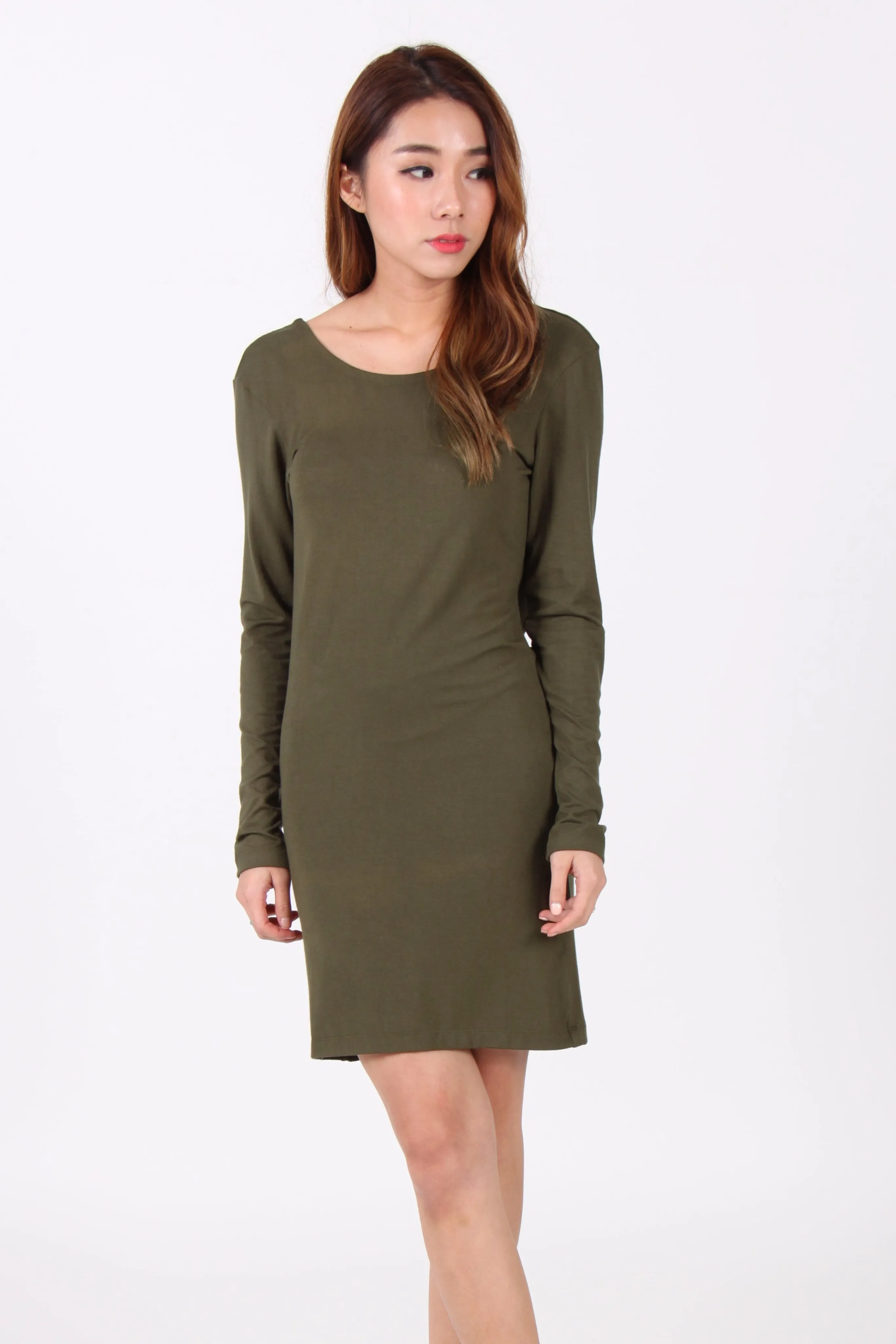 Drape Back Long Sleeve Dress in Olive