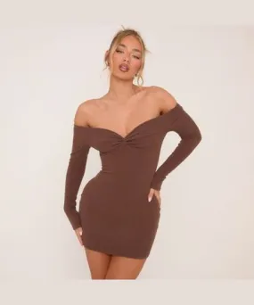 EGO Bardot Twist Front Mini Bodycon Dress In Brown Rib