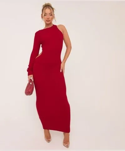 EGO One Sleeve Maxi Dress In Red Fluffy Knit