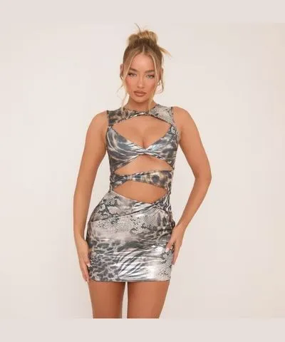 EGO Sleeveless Cut Out Twist Front Mini Bodycon Dress In Multi Animal Print Metallic