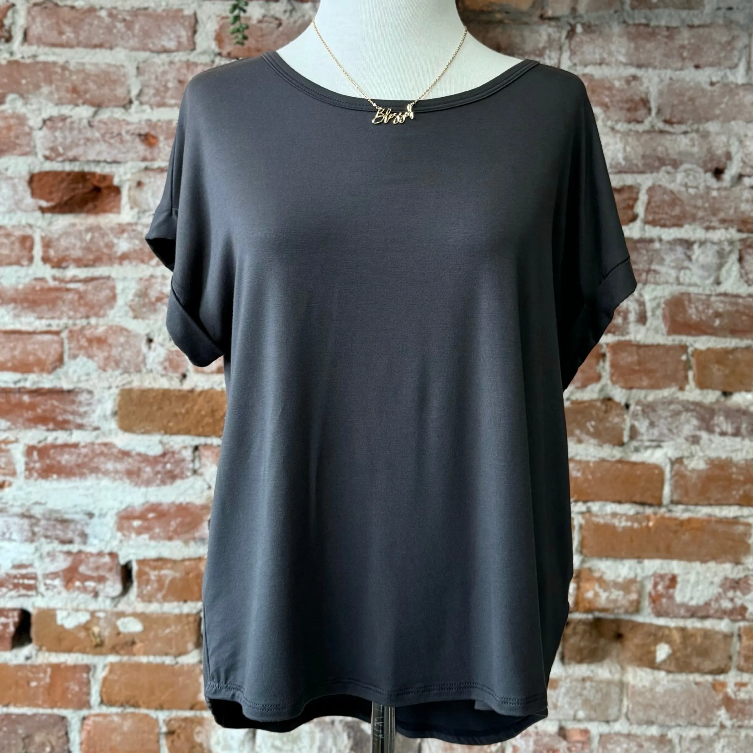 Elevated Round Neck Basic Top Grey