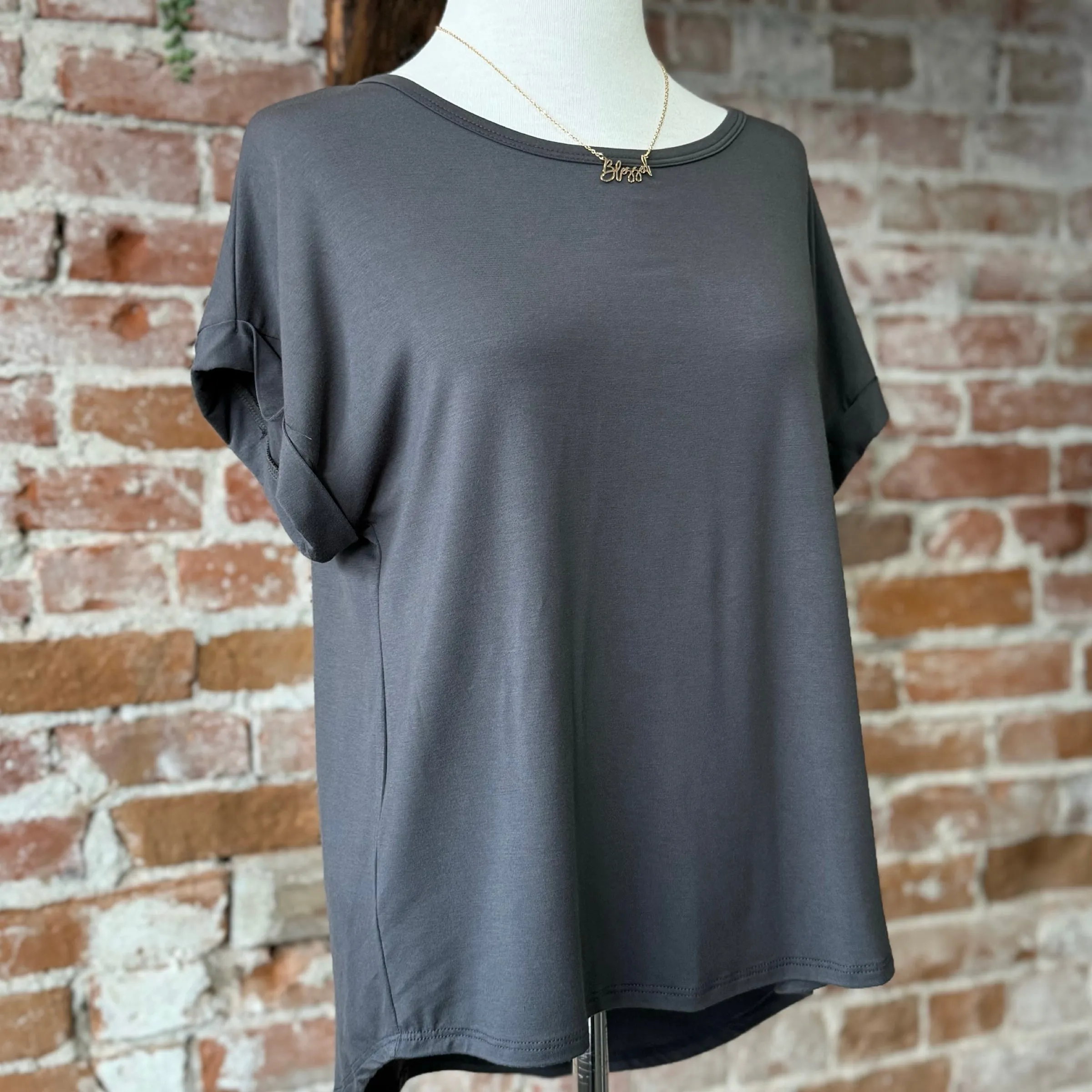 Elevated Round Neck Basic Top Grey