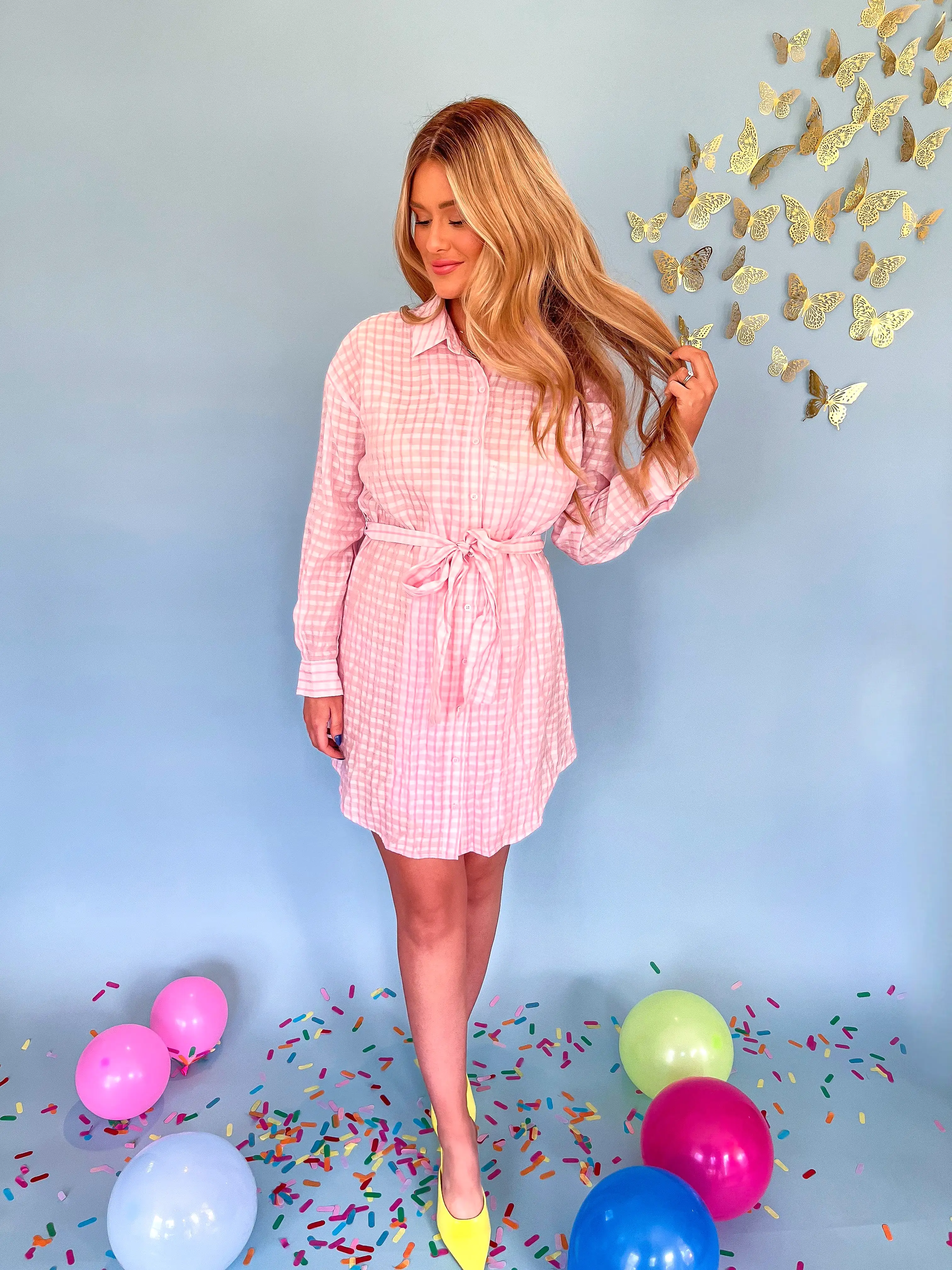 English Factory Striped Belted Shirt Dress - Pink