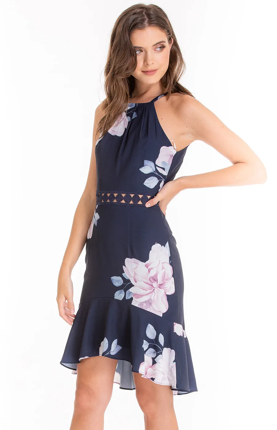 Floral Halter Dress with Trim Detail (SDR511A)