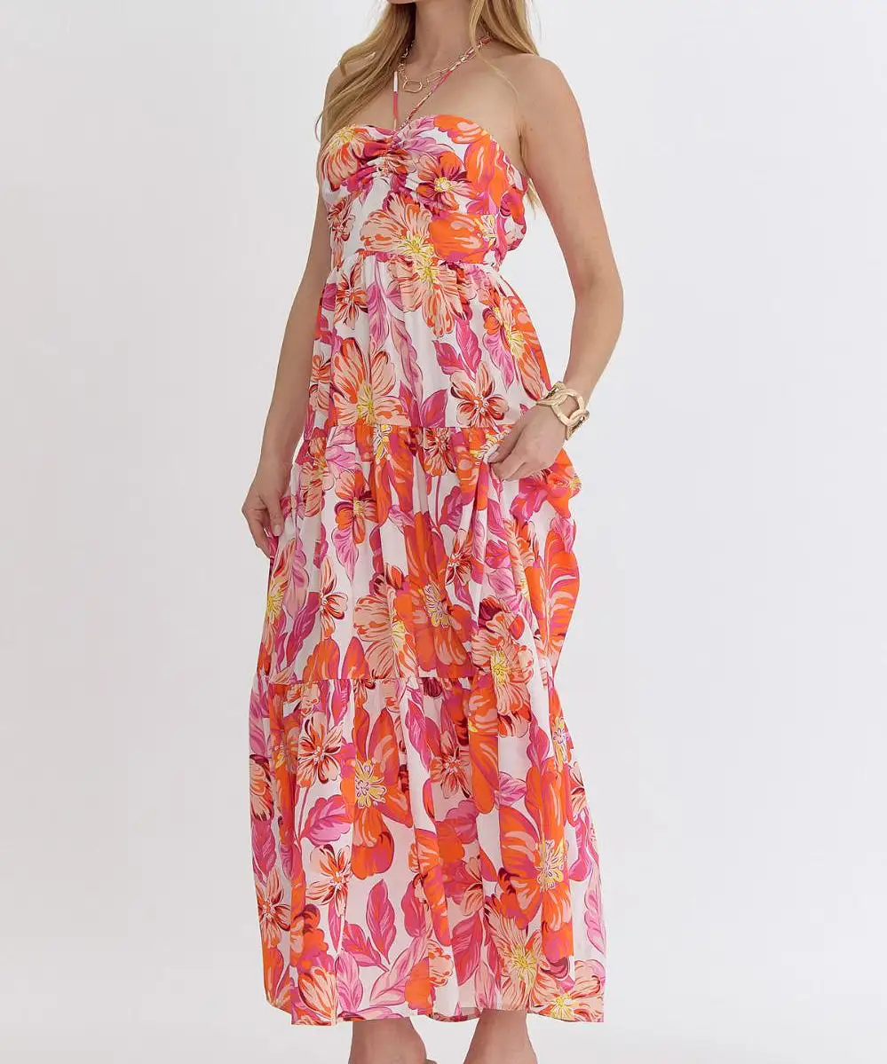 Floral Halter Neck Maxi Dress - Orange