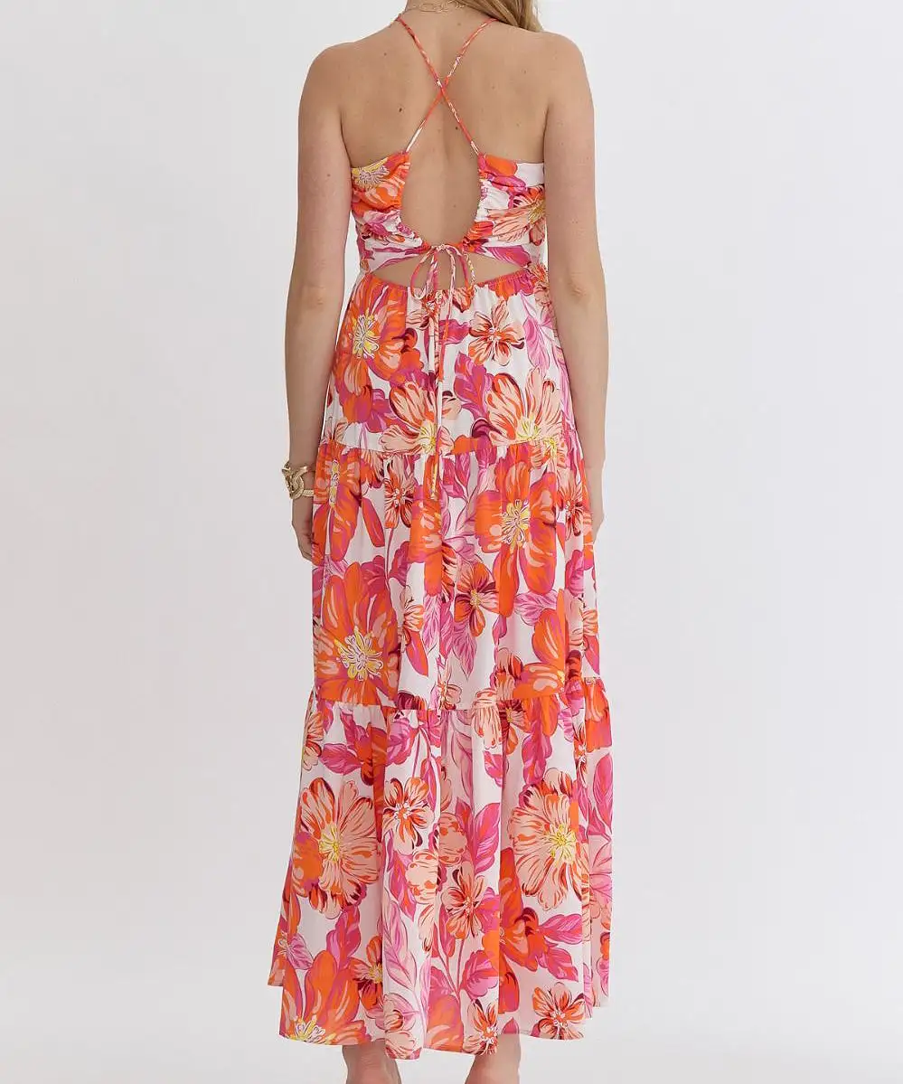 Floral Halter Neck Maxi Dress - Orange