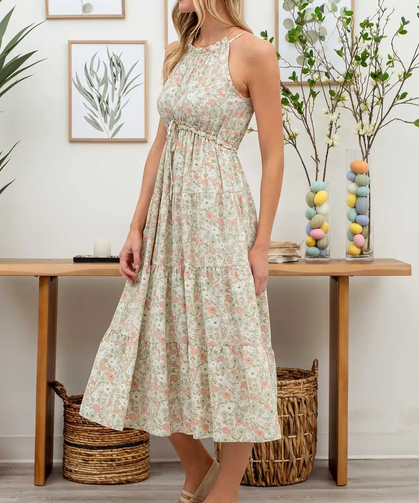 Floral Halter Tiered Midi Dress - Mint Multi