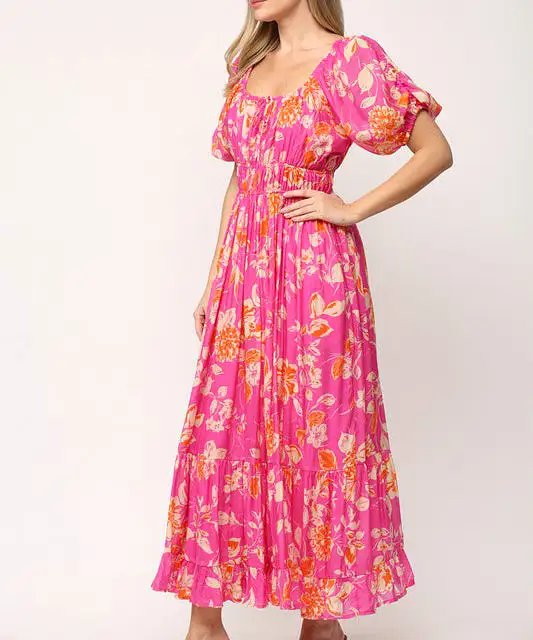 Floral Midi Dress - Hot Pink