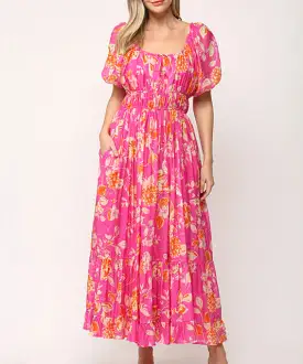 Floral Midi Dress - Hot Pink