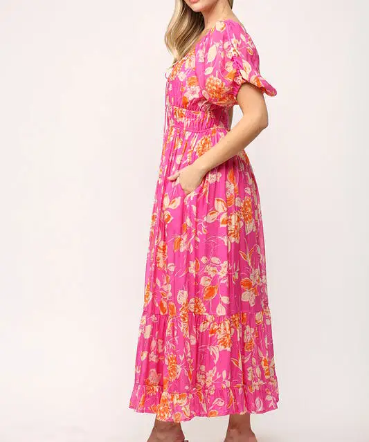 Floral Midi Dress - Hot Pink