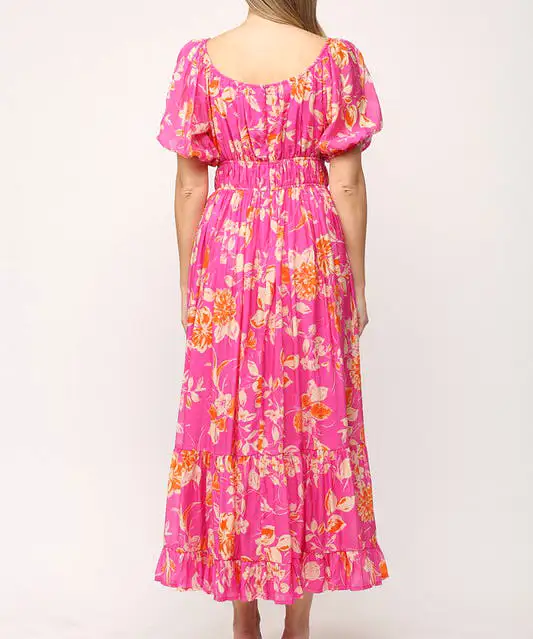 Floral Midi Dress - Hot Pink