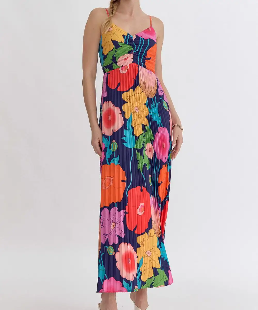 Floral Pleated Maxi Dress - Navy