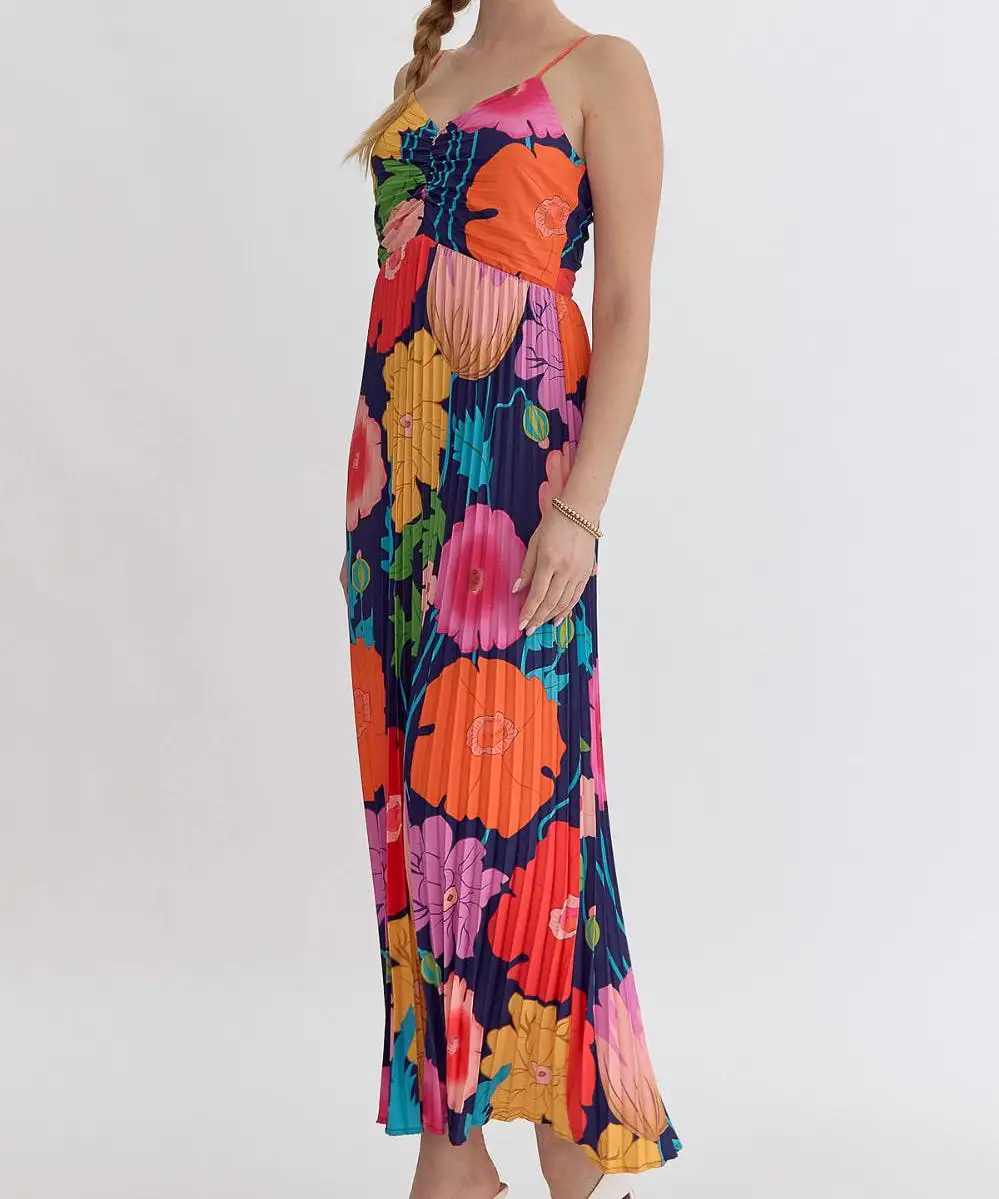 Floral Pleated Maxi Dress - Navy