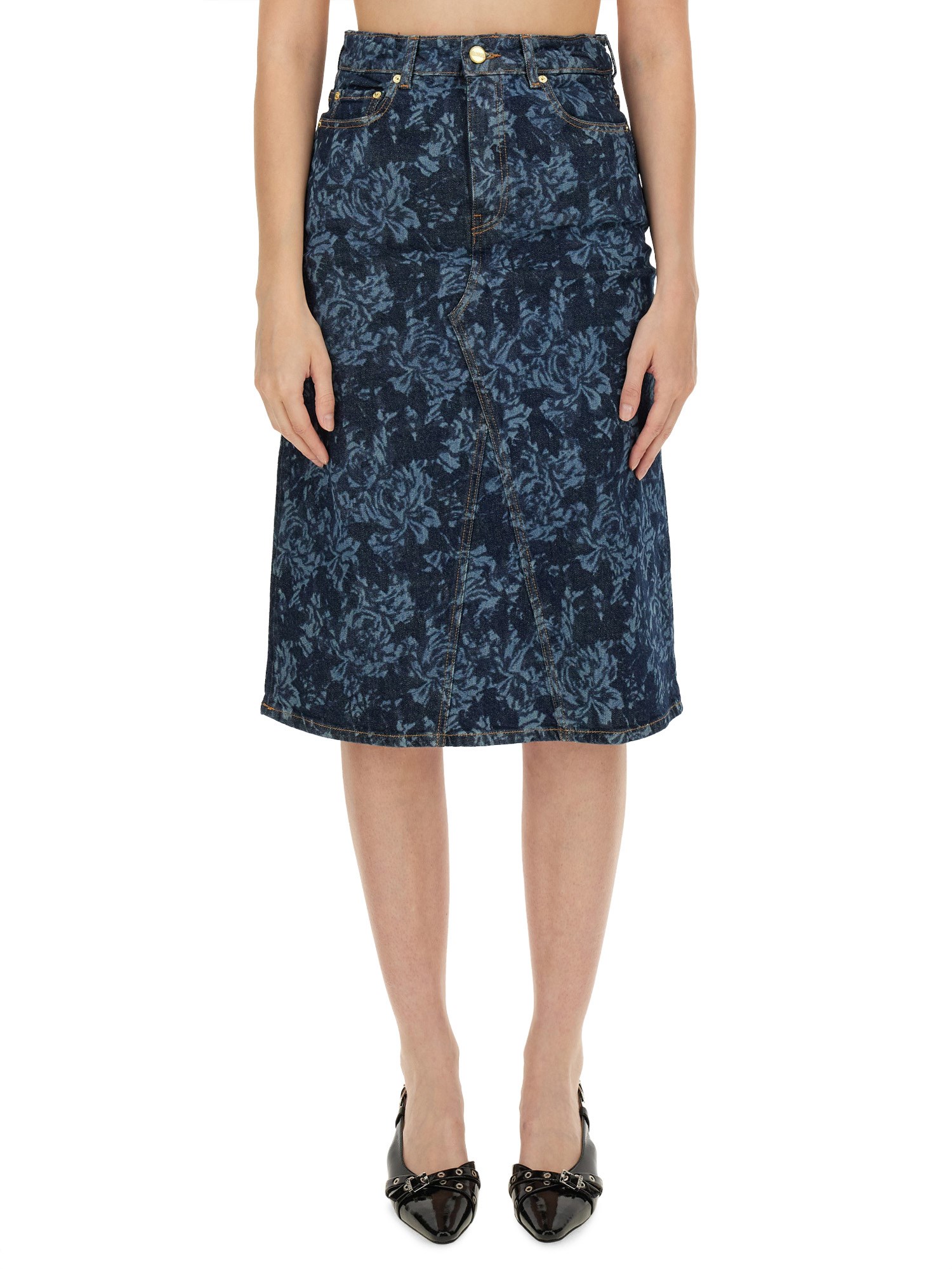 GANNI    COTTON DENIM MIDI SKIRT