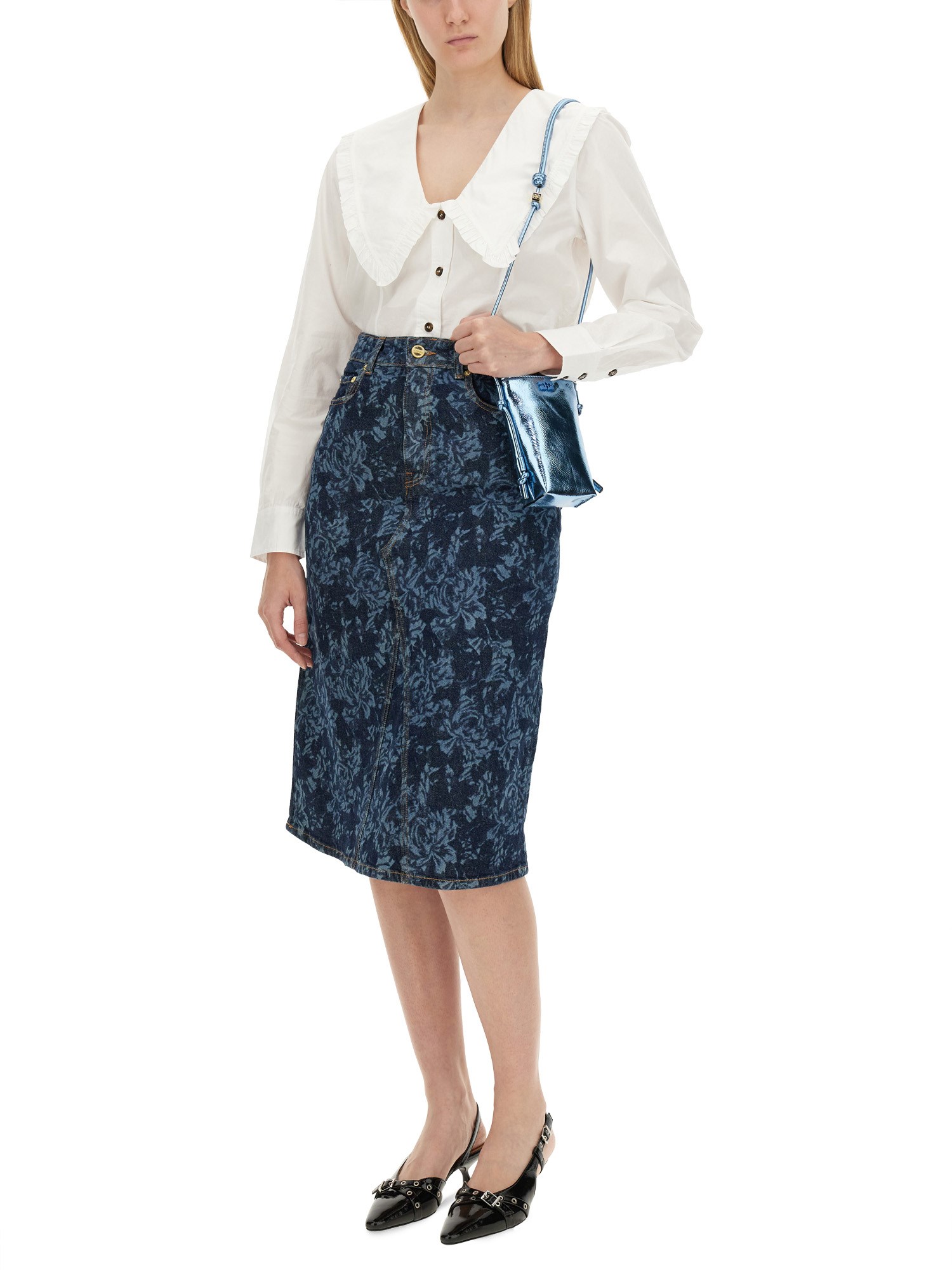 GANNI    COTTON DENIM MIDI SKIRT