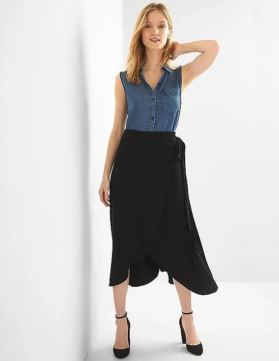 GAP Women Black Drapey Wrap Midi Skirt