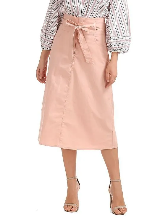 GAP Women Pink Paperbag Waist Utility Midi Skirt With Tie Belt