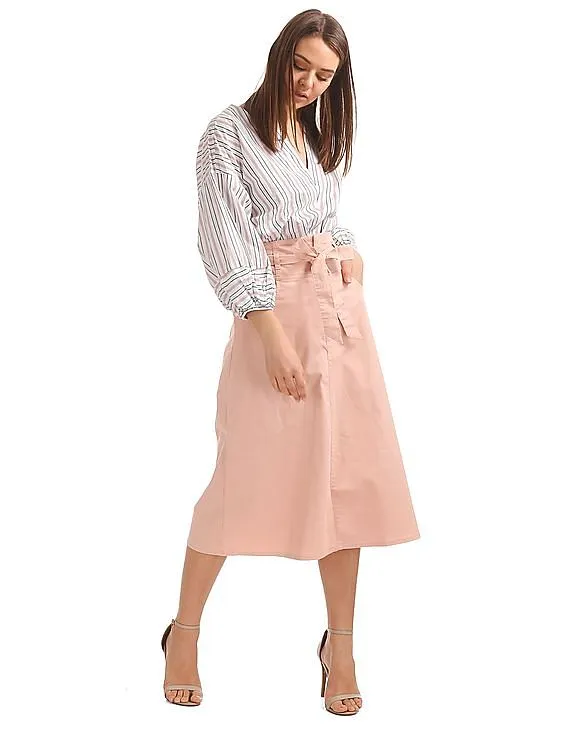 GAP Women Pink Paperbag Waist Utility Midi Skirt With Tie Belt