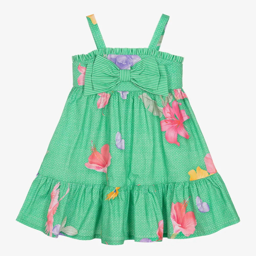 Girls Green Cotton Floral Dress