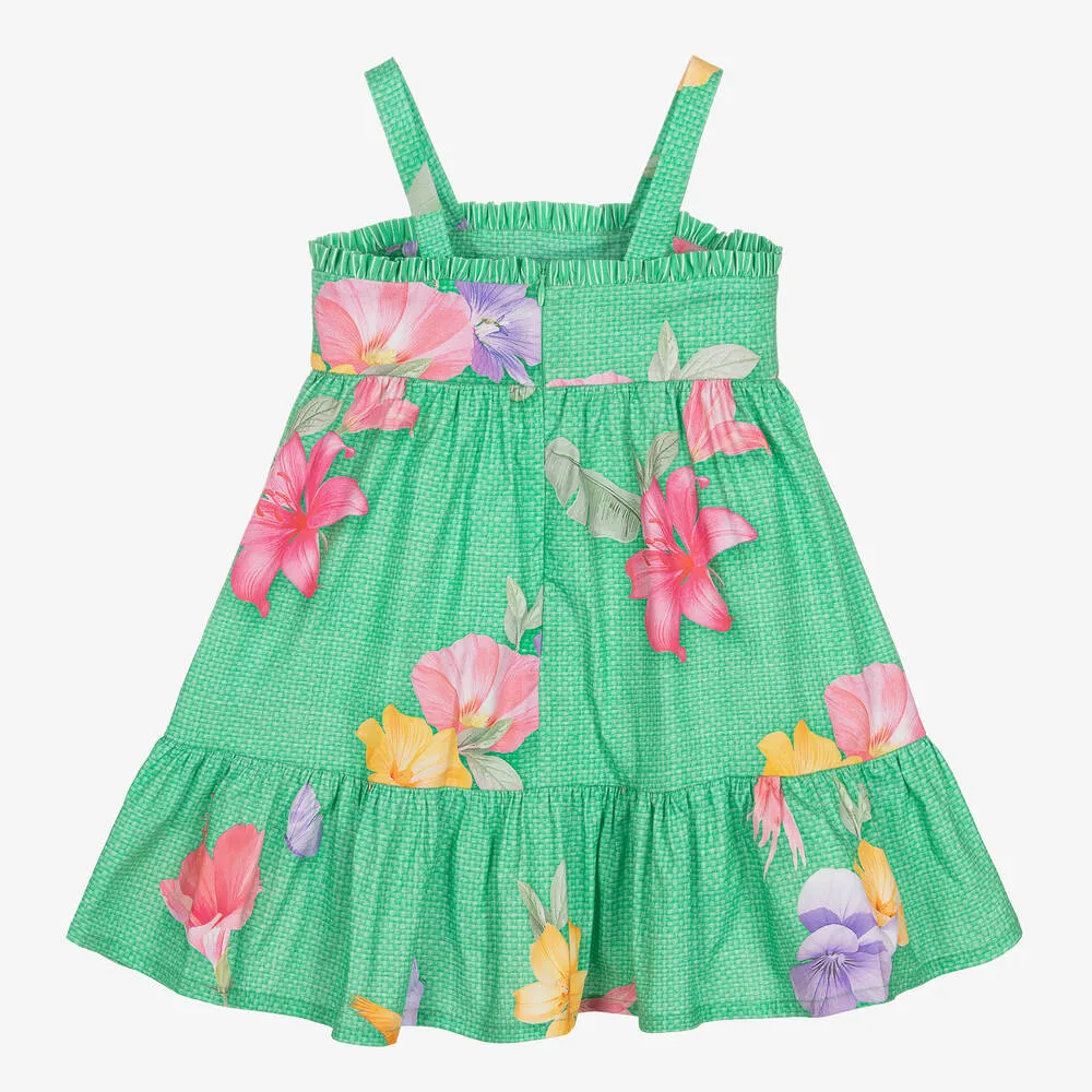 Girls Green Cotton Floral Dress