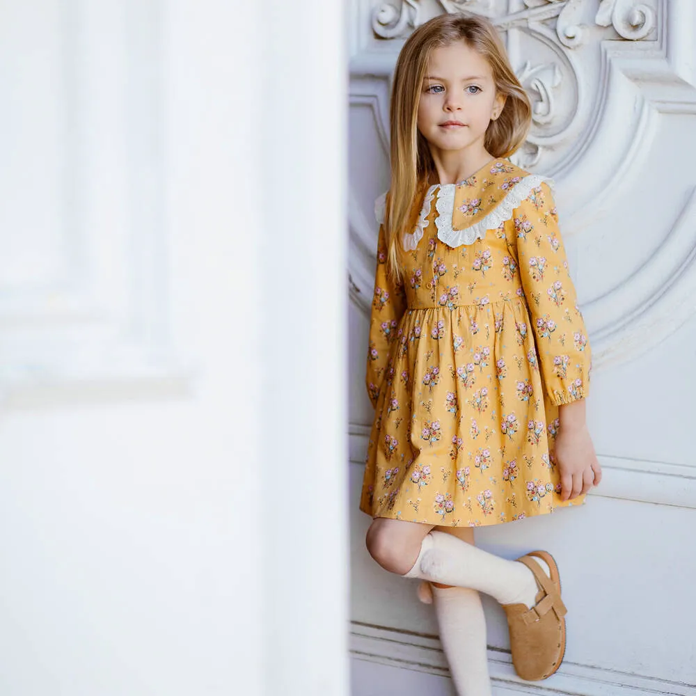 Girls Yellow Cotton Floral Dress