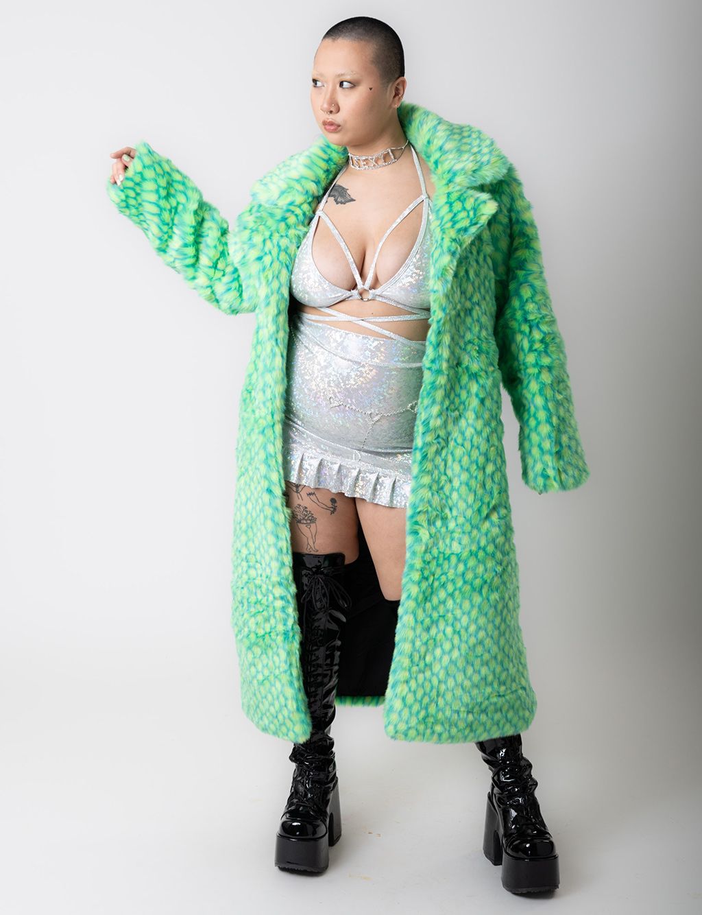 GREEN MERMAID FAUX FUR JACKET - LONG LENGTH  MADE 4 U 