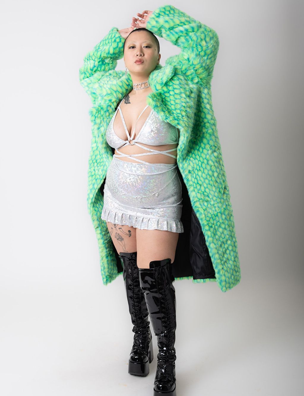 GREEN MERMAID FAUX FUR JACKET - LONG LENGTH  MADE 4 U 