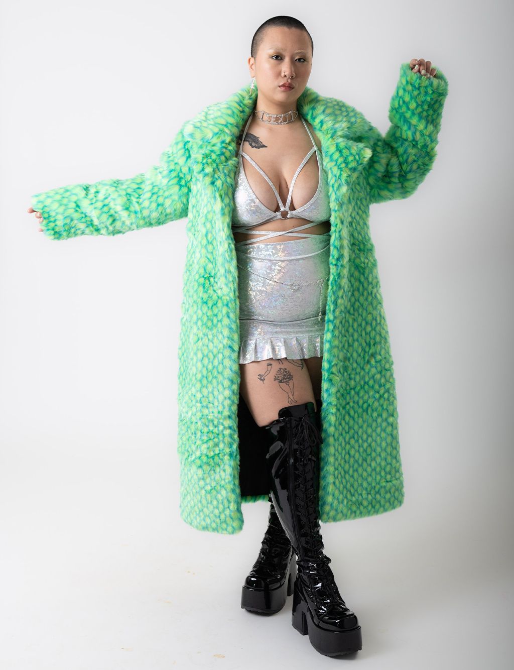 GREEN MERMAID FAUX FUR JACKET - LONG LENGTH  MADE 4 U 